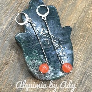 Orange jade silver statement extra long dangle bar earrings